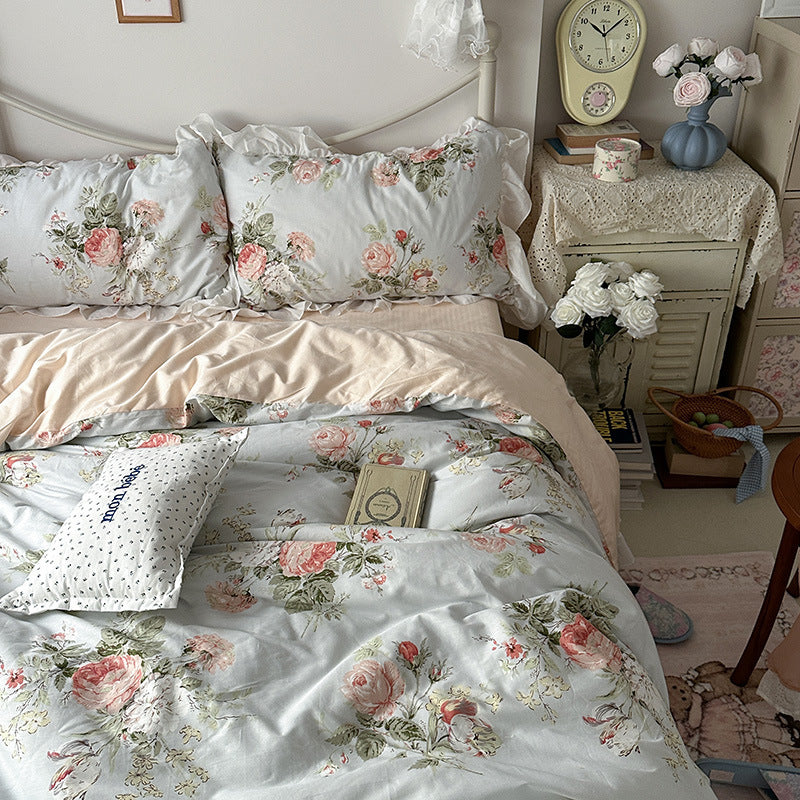 Princess Style Ruffled Cotton Bed Sheet Duvet Cover Set - Floral Minimalist Bedding