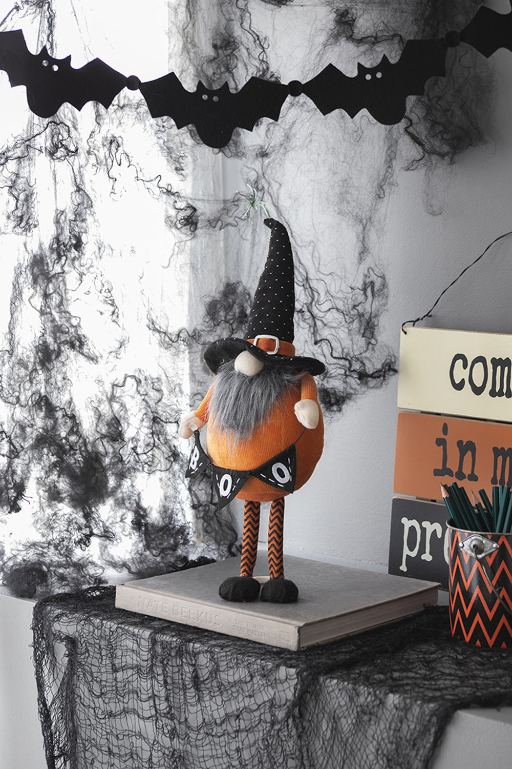 Set of 2 Fabric Standing Gnomes with 'B-O-O' Banner - Halloween Decor