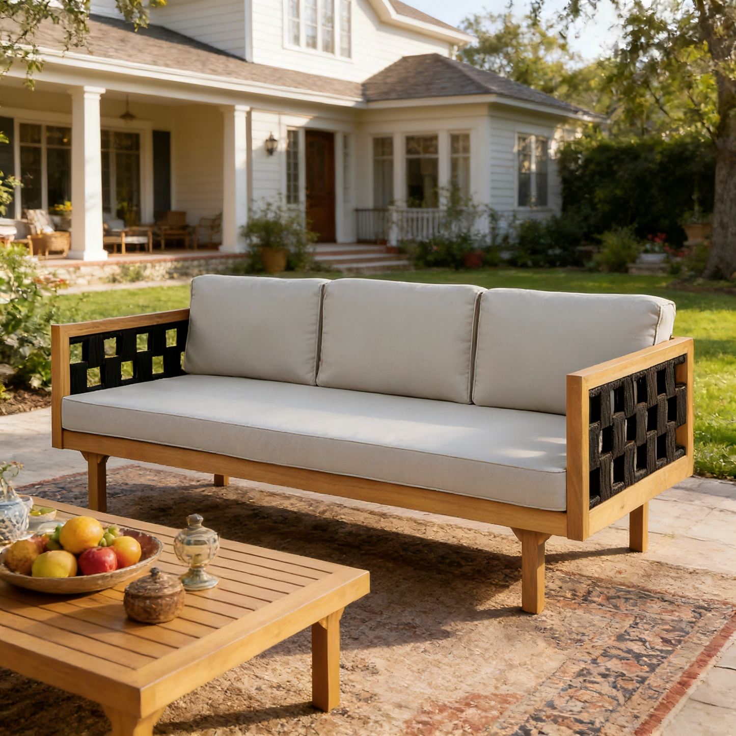 Three-Seater Outdoor Daybed - Acacia Wood Teak Finish Frame With