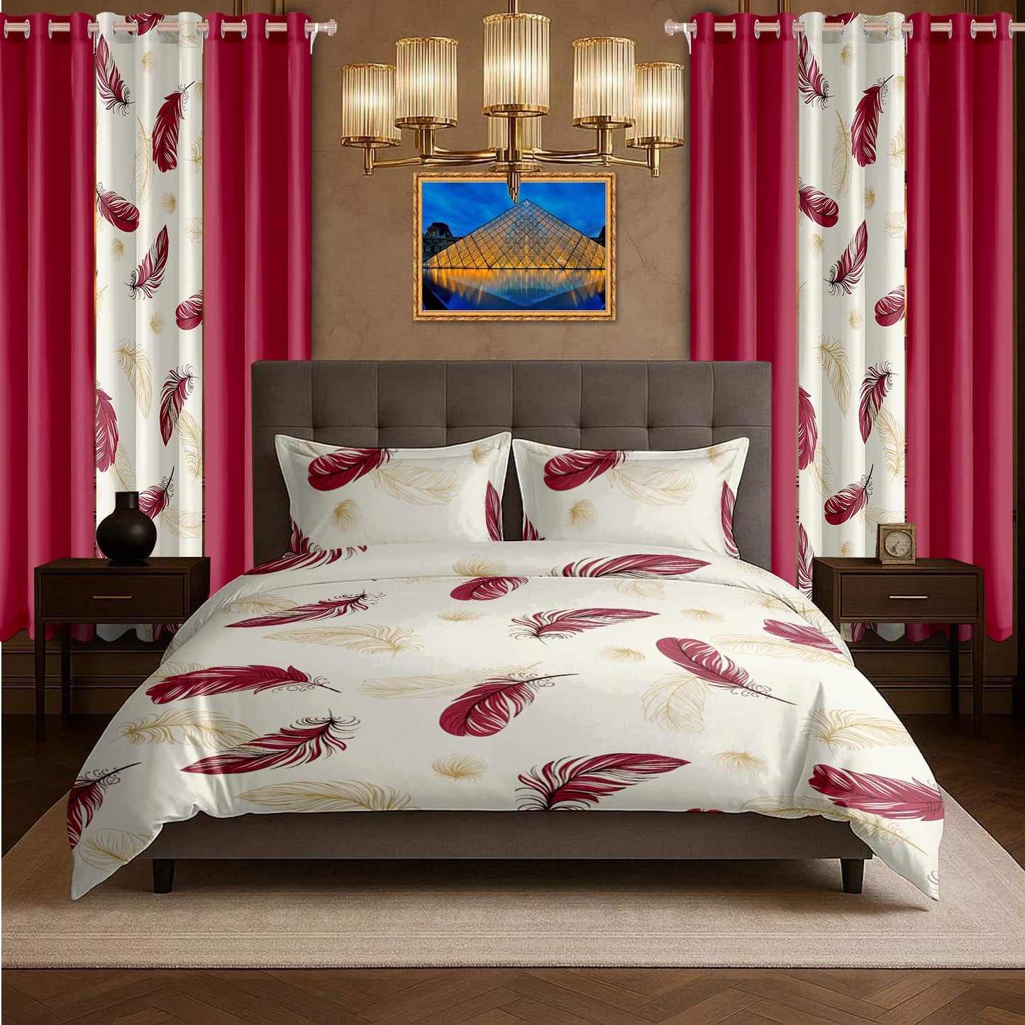 9-Piece Boho Feather Print Quilt and Curtain Set - Multiple Sizes