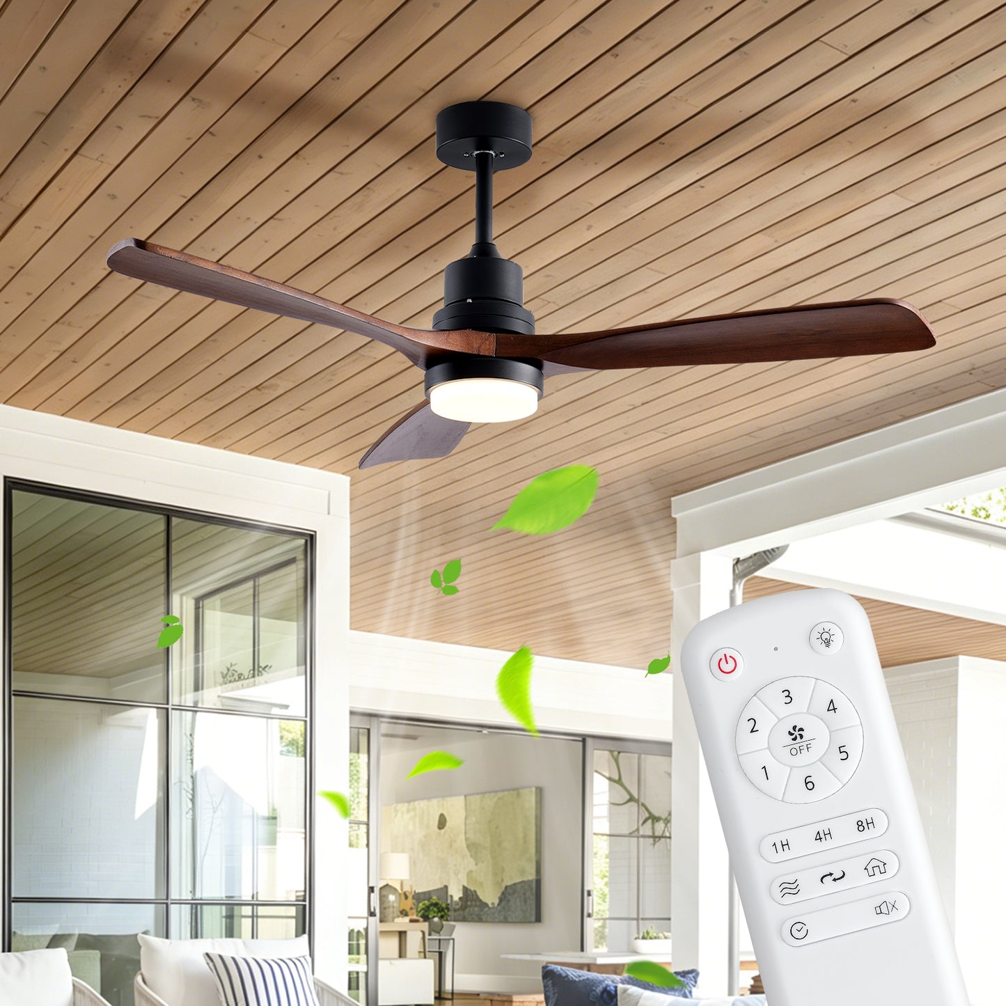 52-Inch Wooden Ceiling Fan with Light and Remote Control - Indoor Outdoor Modern Fan