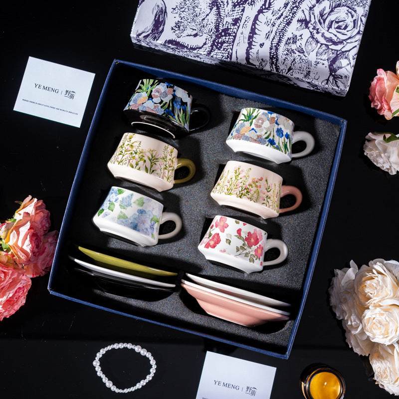 Elegant Iris Flower Ceramic Coffee Cup Set with Gift Box - Multiple Styles & Sizes