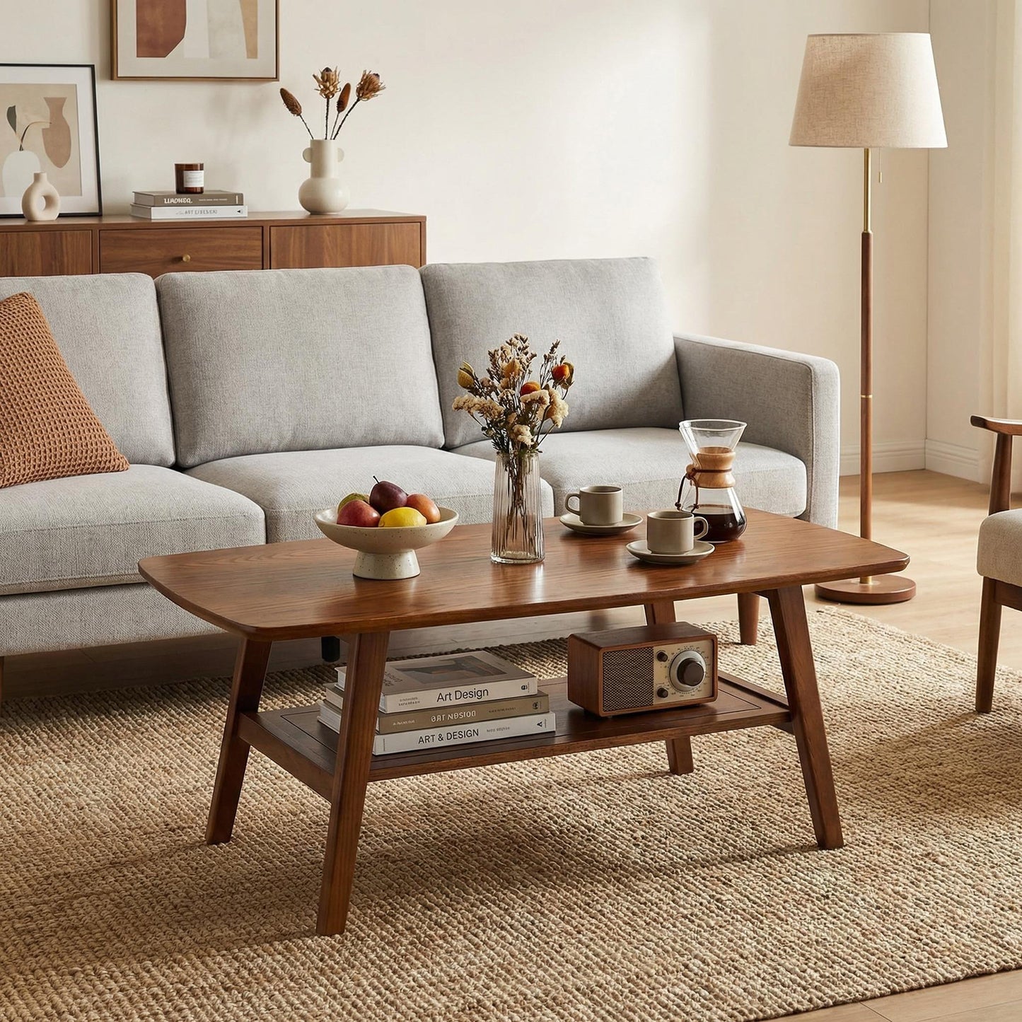 Mid Century Modern Coffee Table, Solid Oak Wood Table With Storage