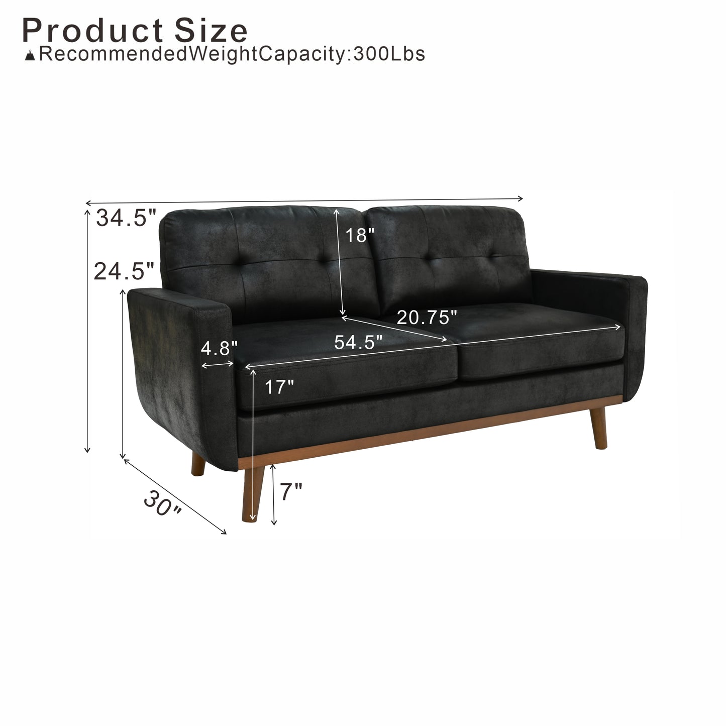 65-Inch Modern Minimalist Two-Seater Sofa - Black