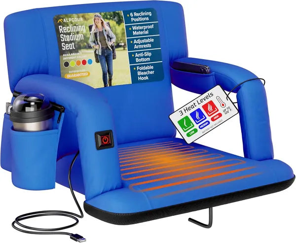 Heated Reclining Stadium Seat with Back Support - Royal Blue, 21" Wide