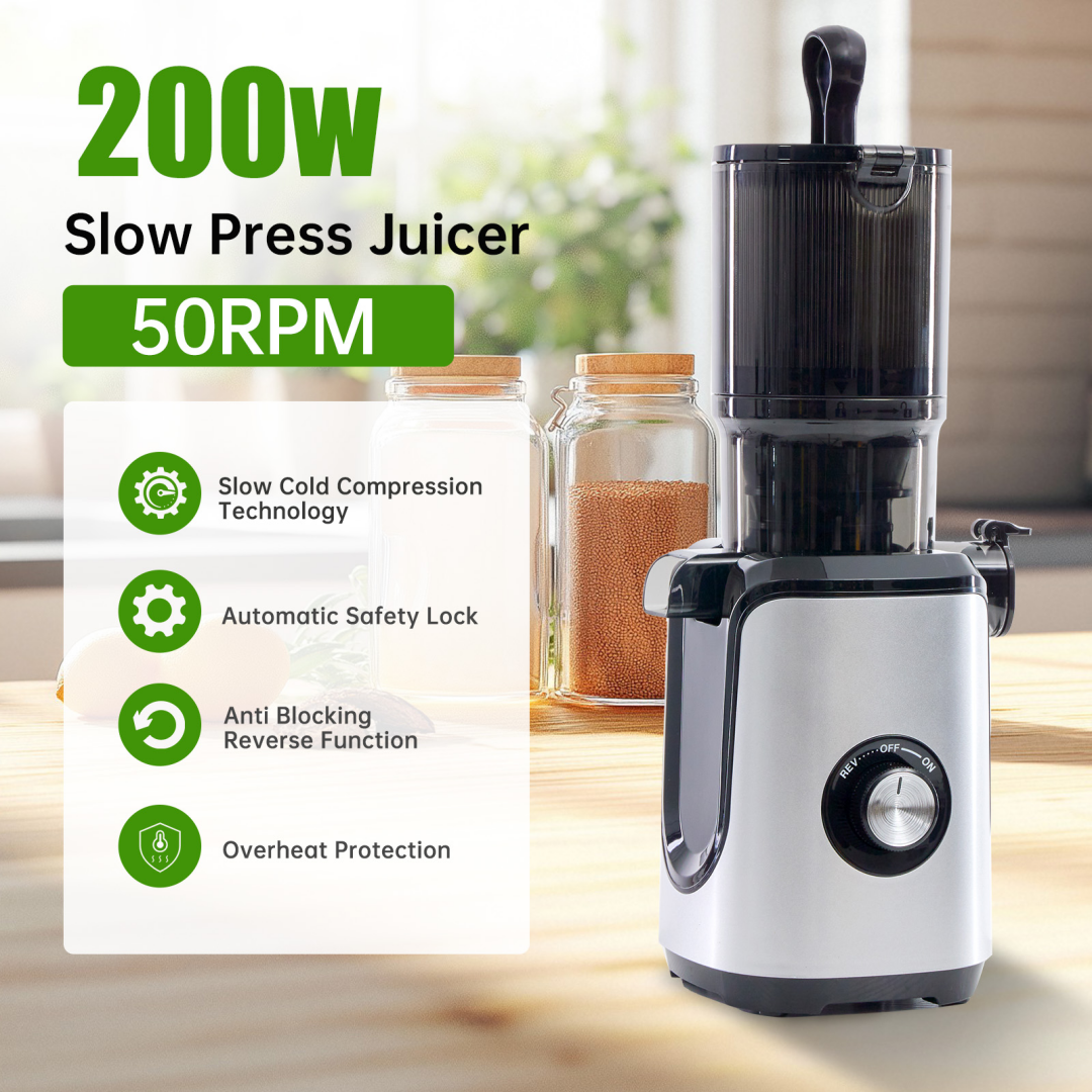 Cold Juicer with Wide Feeding Trough for Whole Fruits & Vegetables - Silver