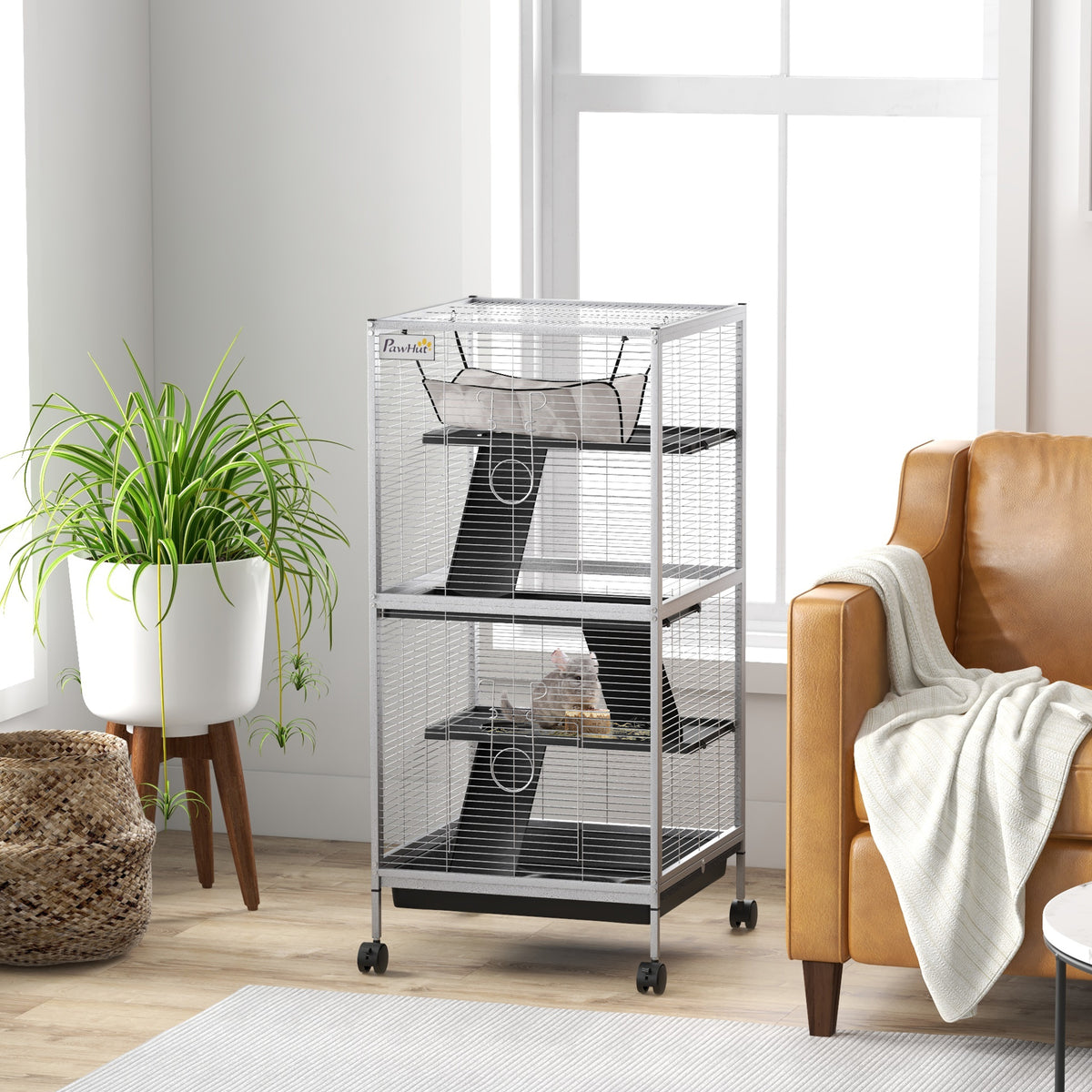 45-Inch Rolling Small Animal Cage with Hammock, Removable Tray, for Ferrets & Chinchillas - White