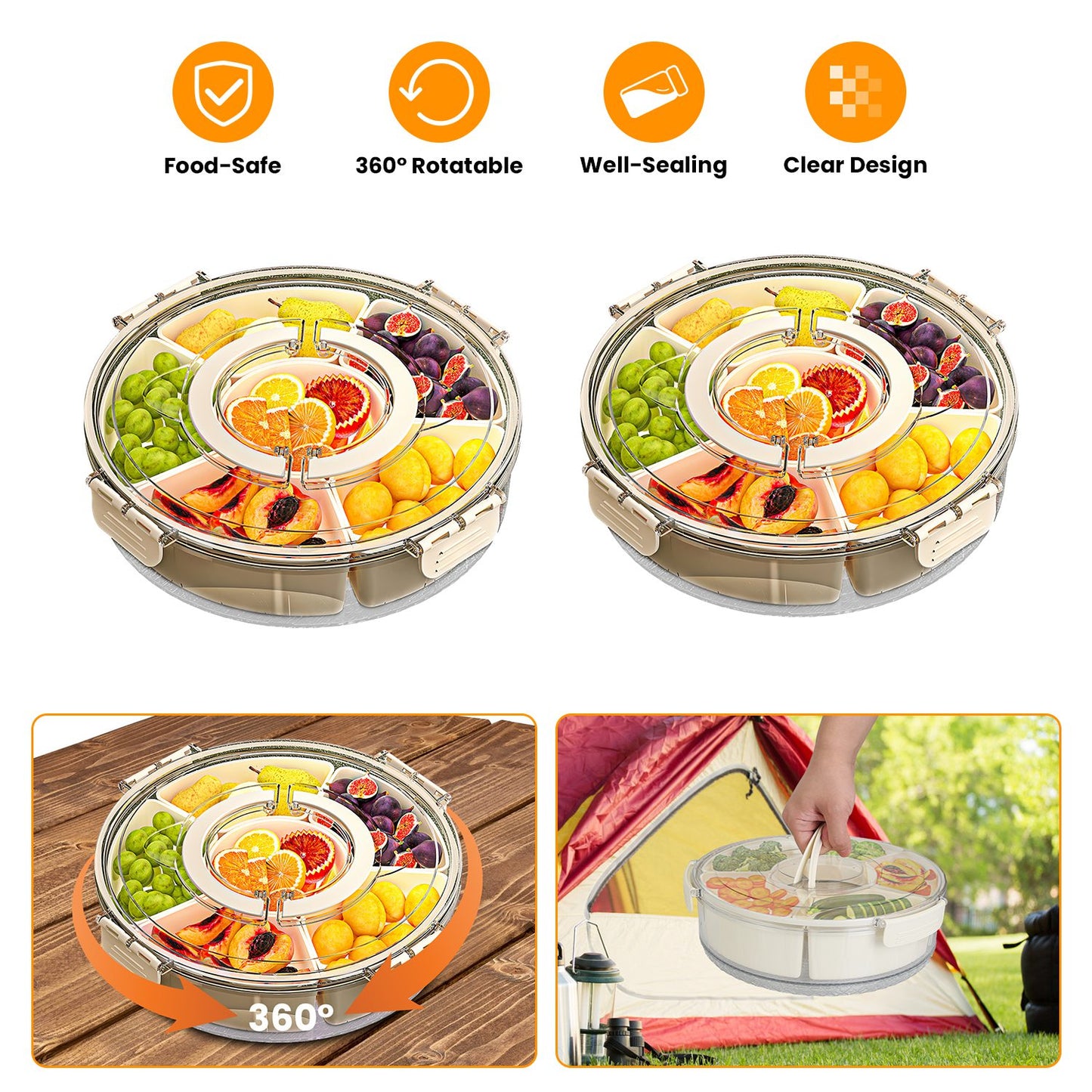 Divided Serving Tray with Lid & Handle - 360° Rotatable Snack Box