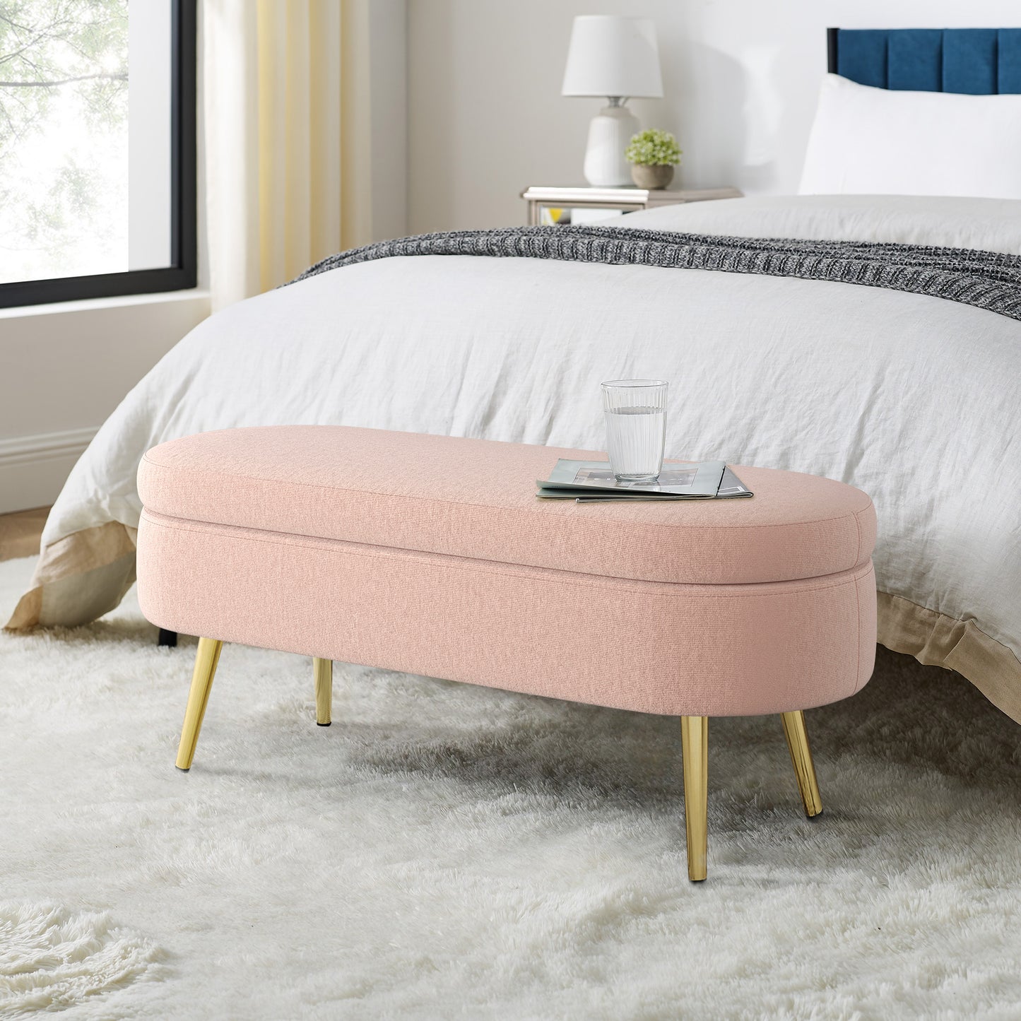 Pink Oval Storage Ottoman Bench with Flannel and Metal Legs