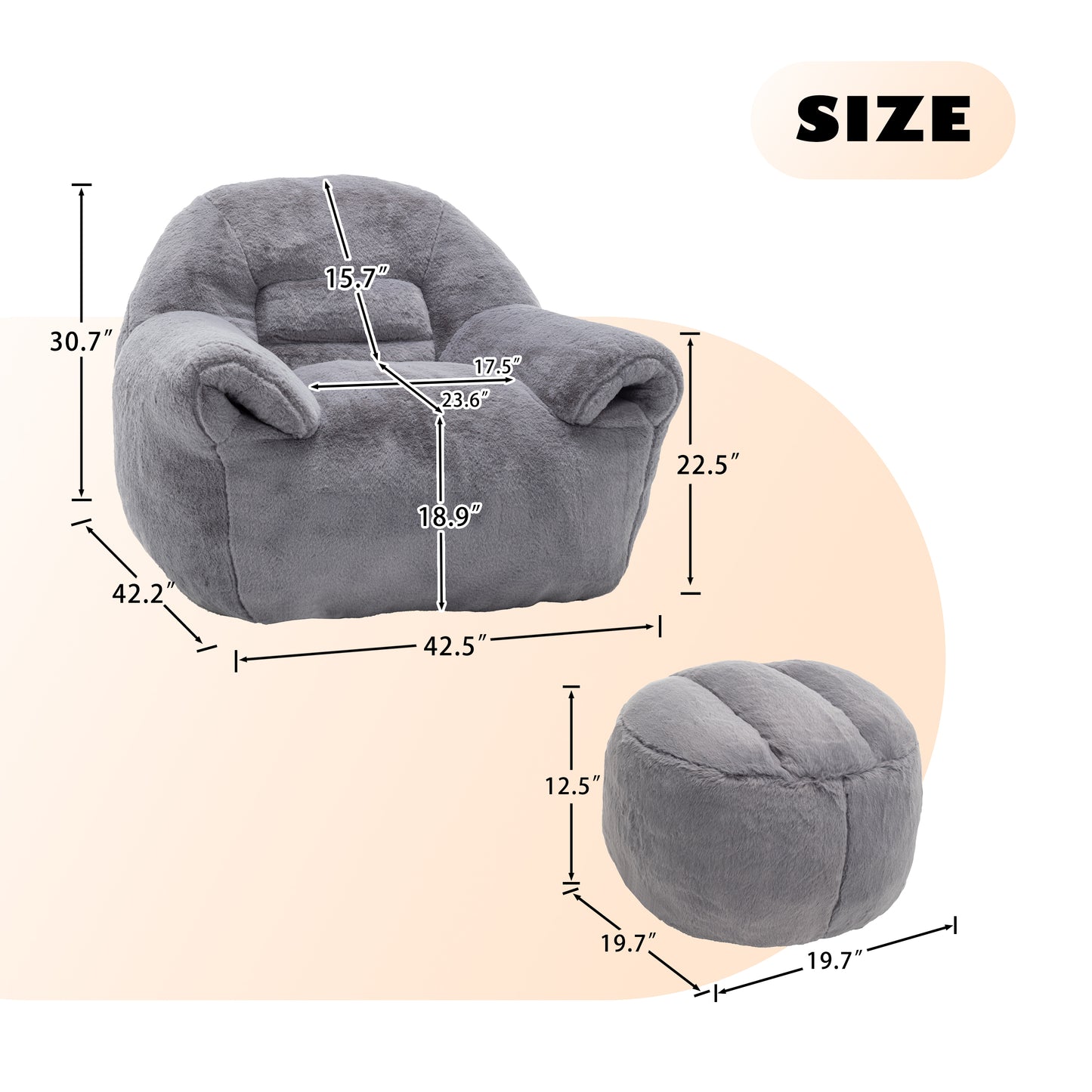 Bean Bag Chair, Comfy Sofa With Back Support, Footstool,Faux Fur