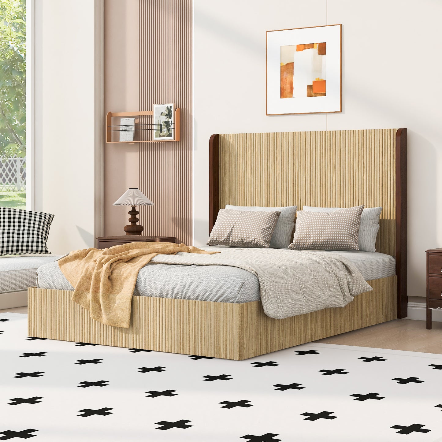 Queen Size Wooden Platform Bed Frame with Wing Headboard