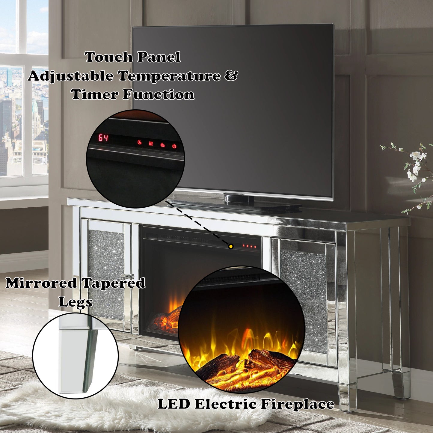 Silver TV Stand with Electric Fireplace & Storage - 65" TV Size