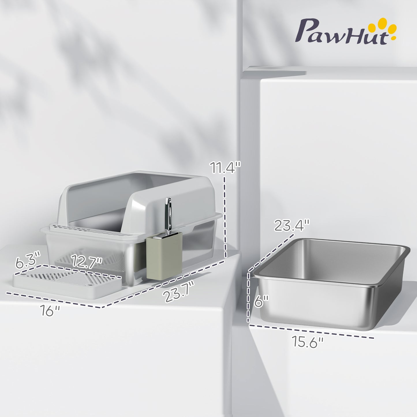 Stainless Steel Cat Litter Box with Scoop & Holder, High Sided, Leakproof
