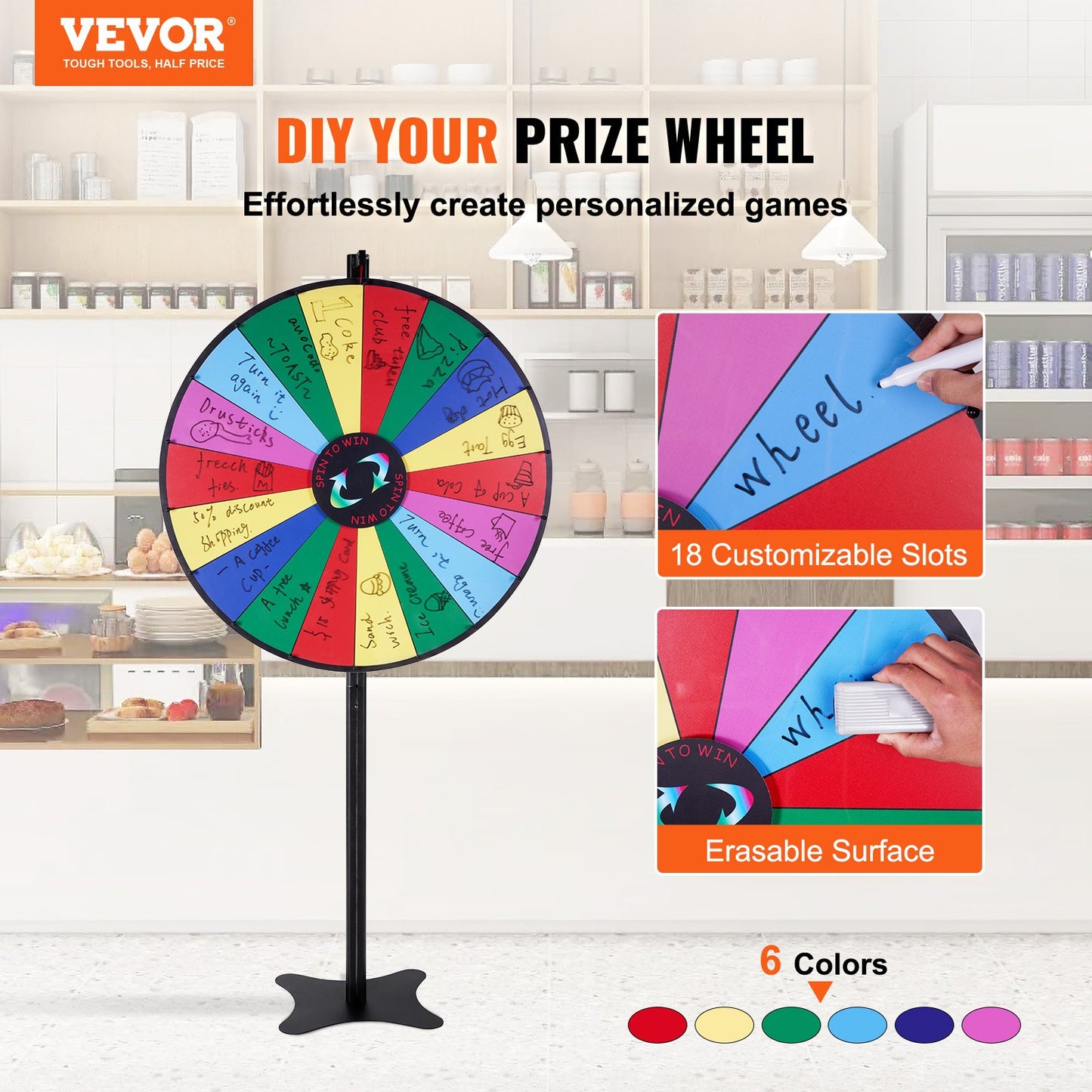 36 Inch Spinning Prize Wheel with 18 Customizable Slots - Black