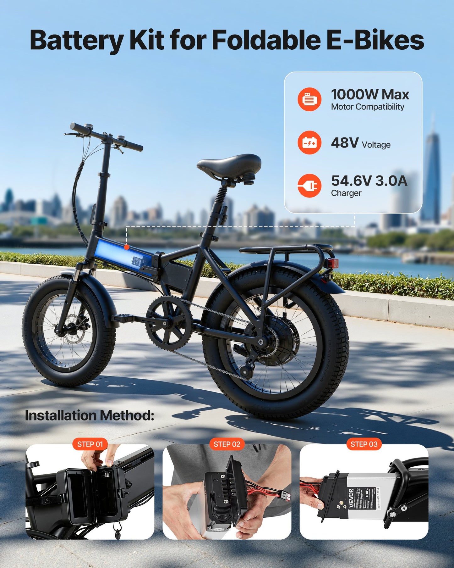 48V 10.4Ah Electric Bike Battery with BMS for Folding E-Bikes - Black