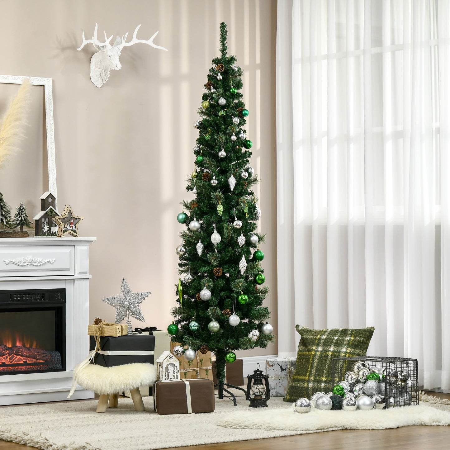 6.5-Foot Slim Pencil Christmas Tree with Pine Cones - Green