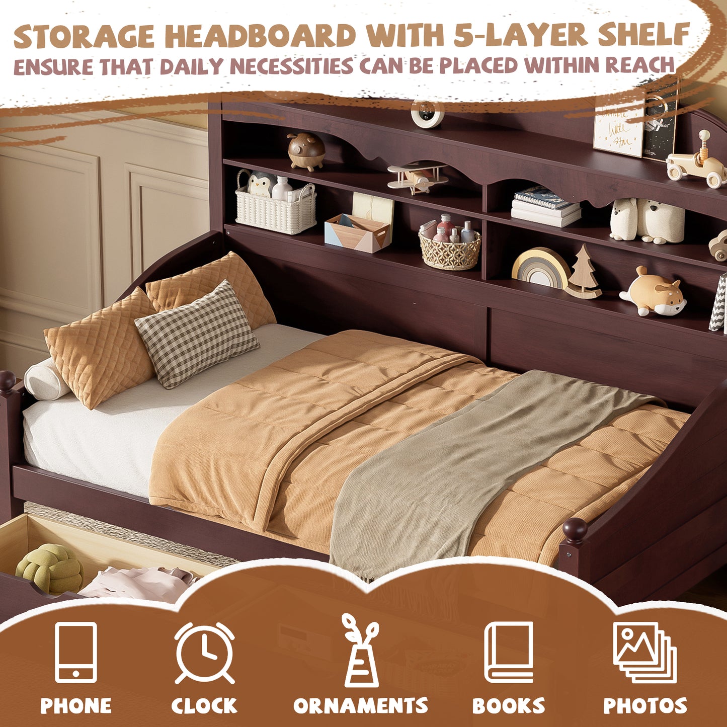 Twin Daybed with Storage Drawers - Espresso Wood, Retro Style
