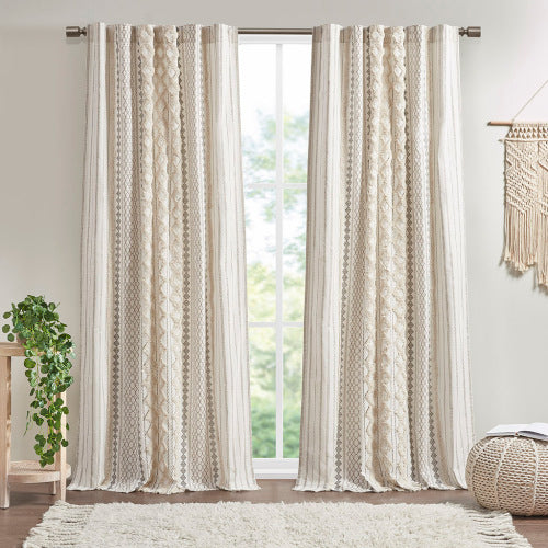 Ivory Cotton Printed Curtain Panel with Chenille Stripe - 50x84