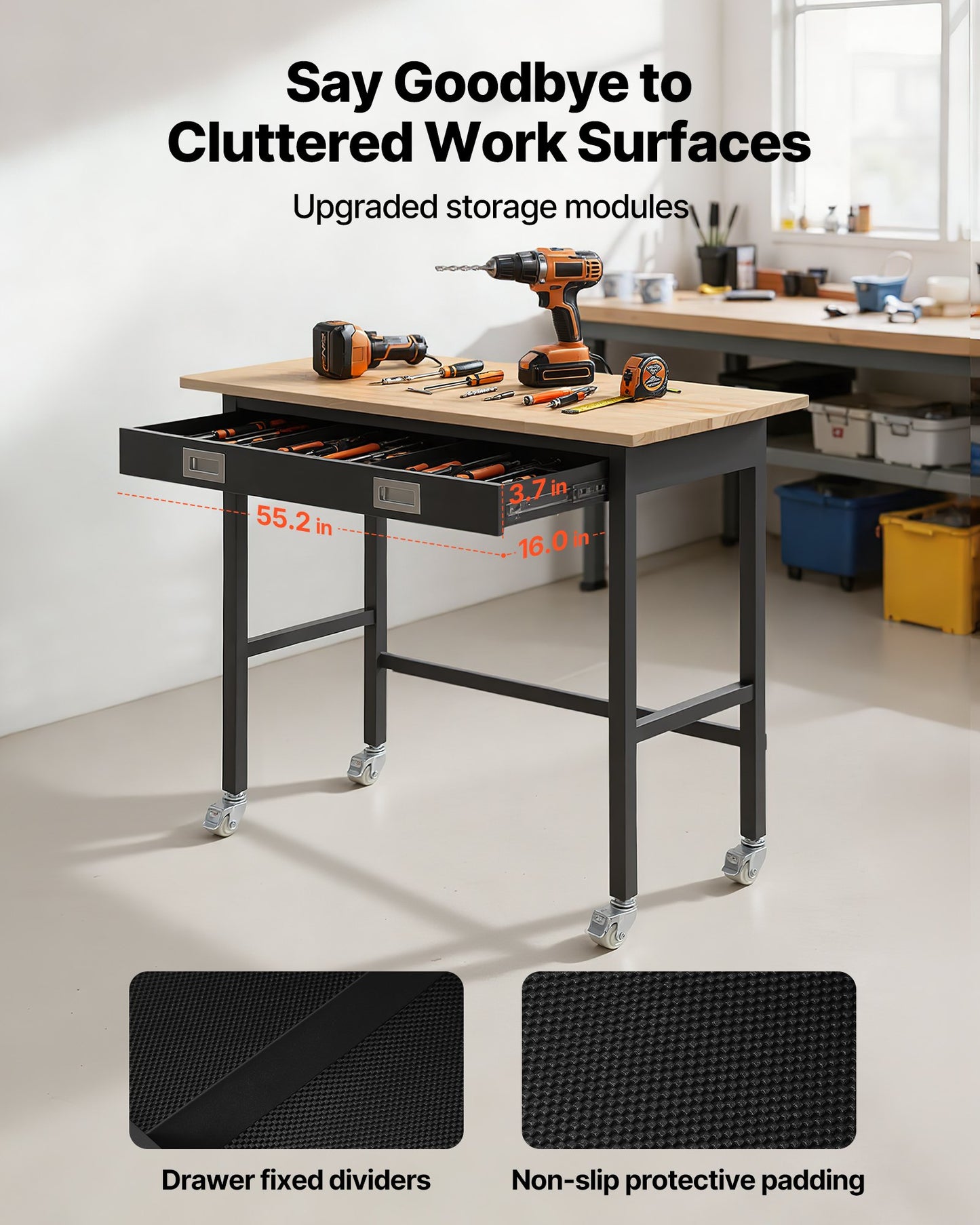 Heavy Duty 48-inch Workbench with Drawer Storage and Wheels - Black