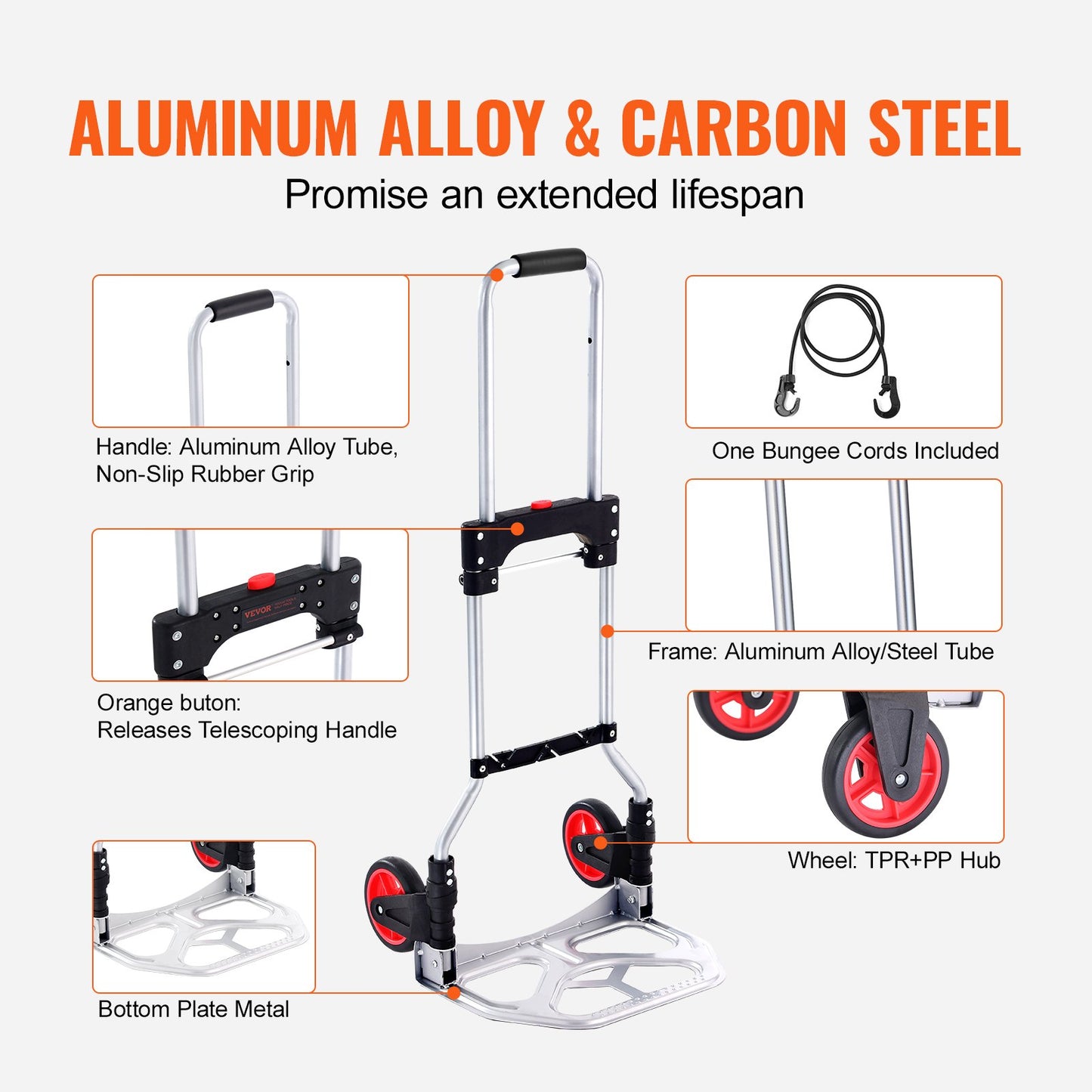Heavy-Duty Aluminum Folding Hand Truck with 176 Lb Capacity - Silver