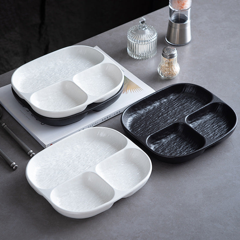 Porcelain Divided Plate for Weight Loss, 8.5 Inch Square Breakfast Dish for Fat Reduction