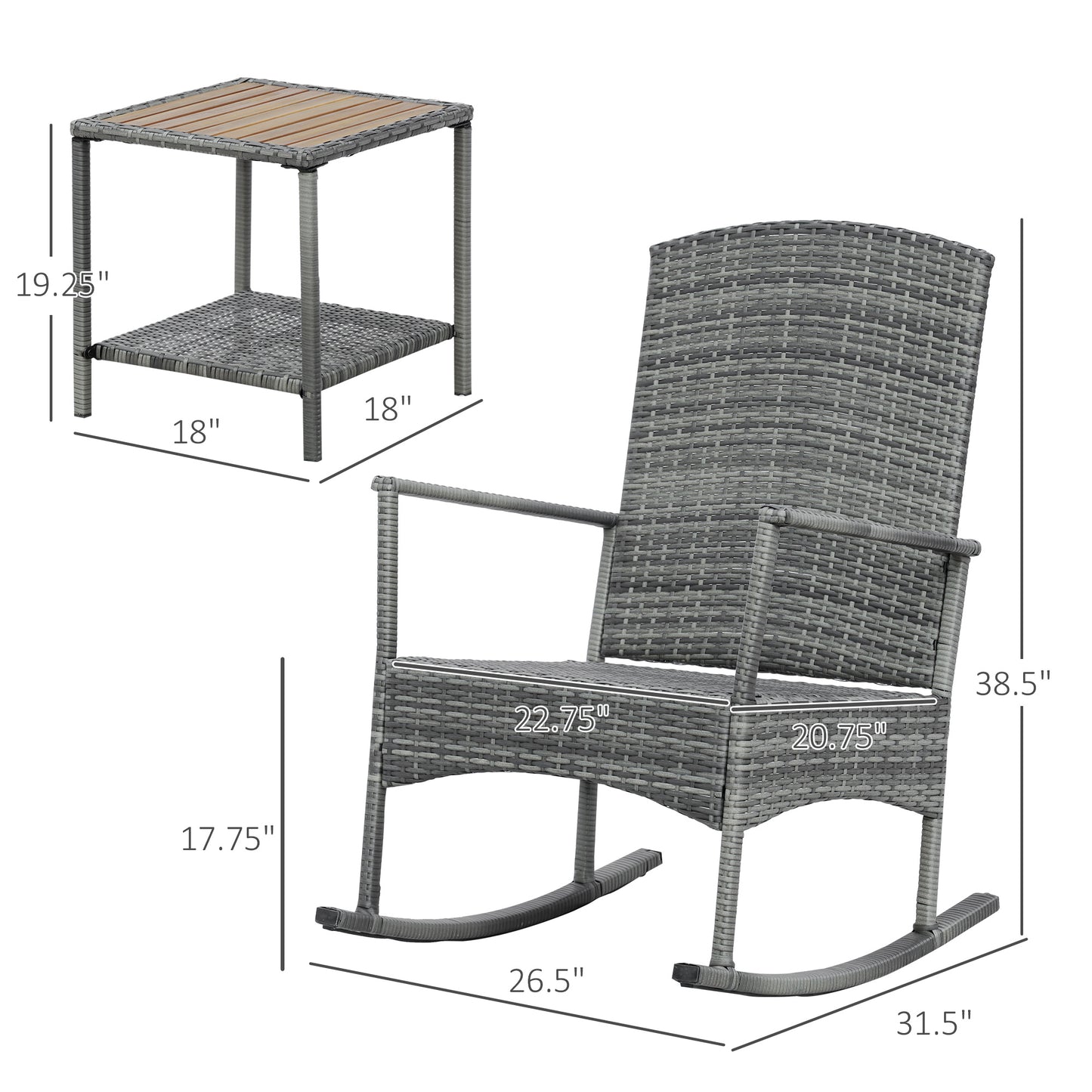3-Piece Outdoor Rocking Chair Set with Cushions & Coffee Table - Gray