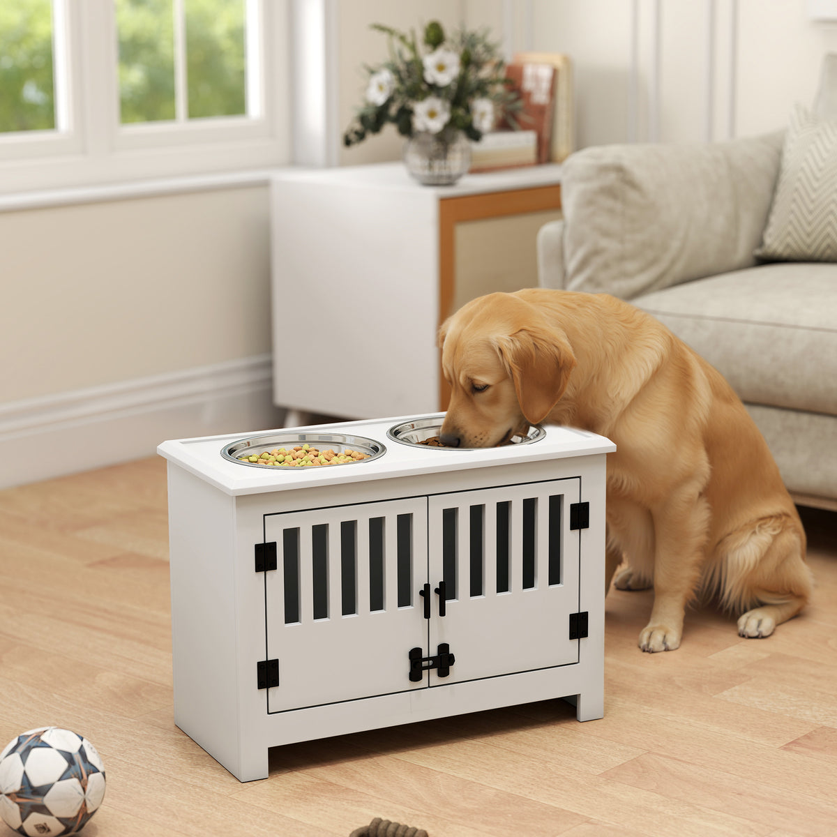 Dog Food Storage Cabinet with Bowls - Large Pet Feeding Station, White