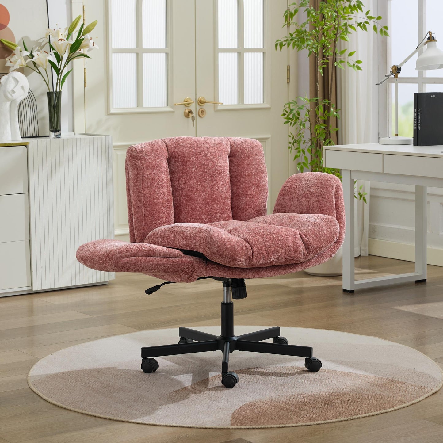 Chenille Swivel Office Chair - Adjustable Height & Armrests, Blush Pink