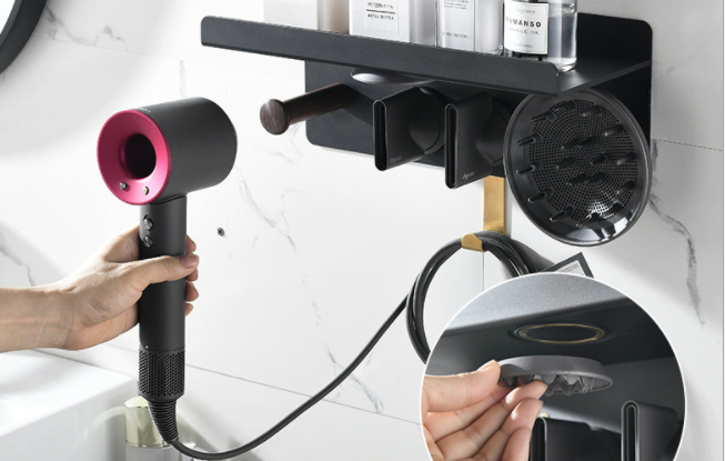 Punch-Free Wall Hair Dryer Rack - Double Wall Storage Shelf for Bathroom