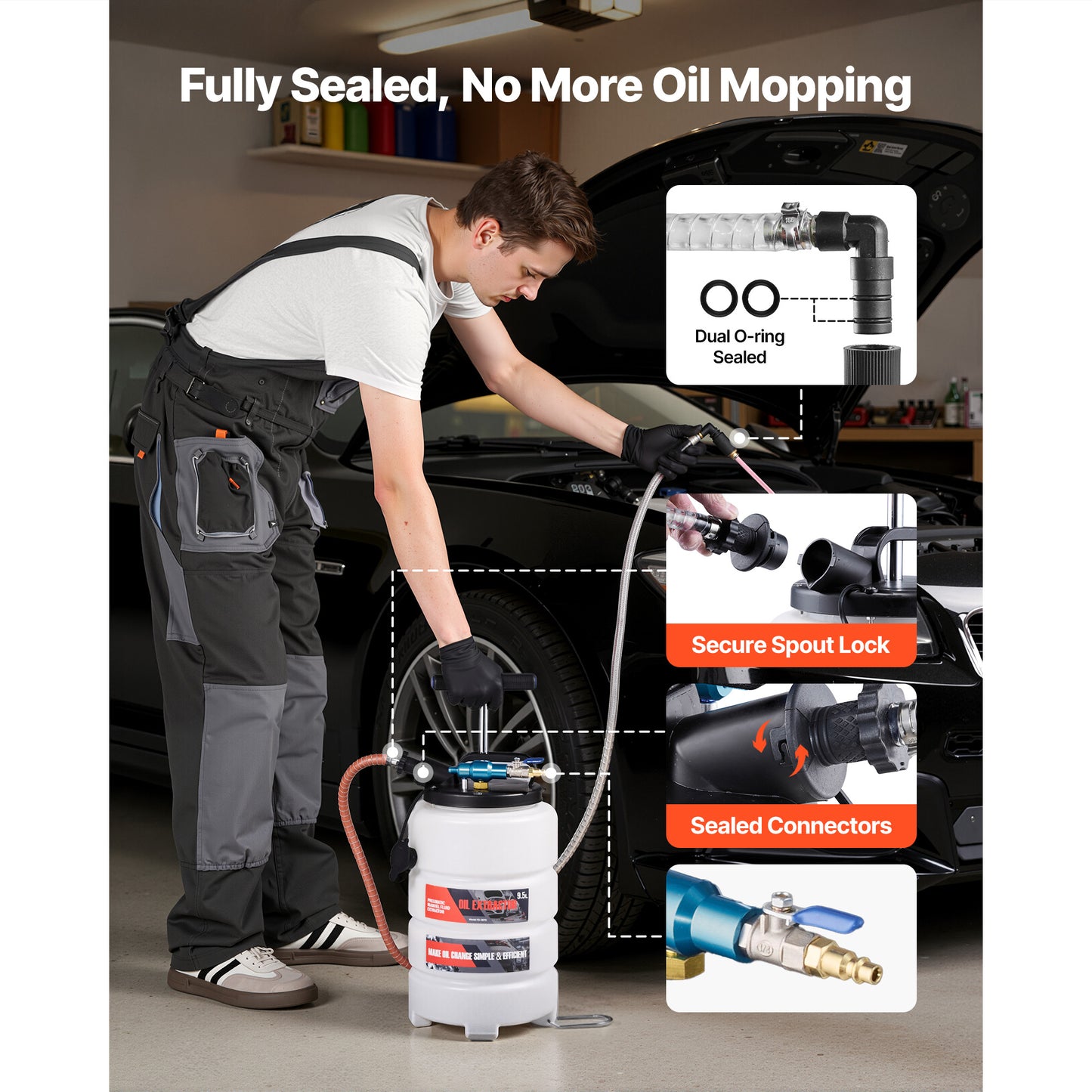 Oil Extractor Pump 9.5L Capacity Pneumatic Manual Vacuum With Long Hoses for Car, Lawn & Boat