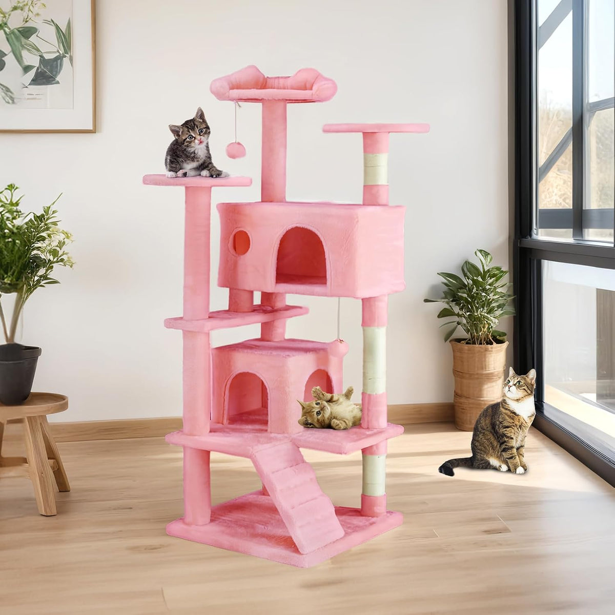 Multi-Level Cat Tree Tower with Sisal Posts, Plush Toys, and Play Areas