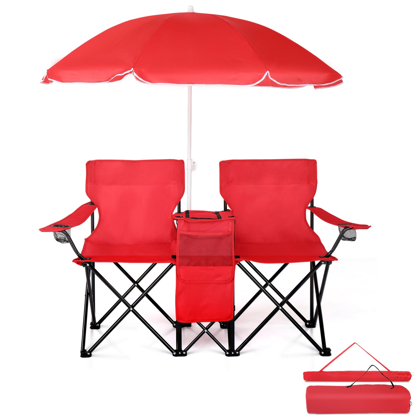 Folding Double Camping Chair with Removable Umbrella & Cup Holders - Red