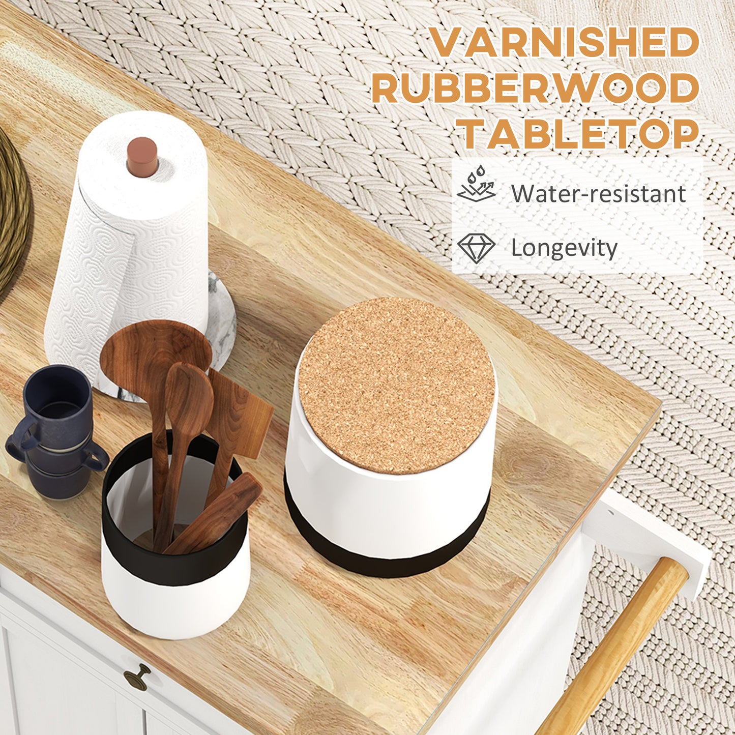 Rolling Kitchen Island Cart with Spice Rack - Distressed White
