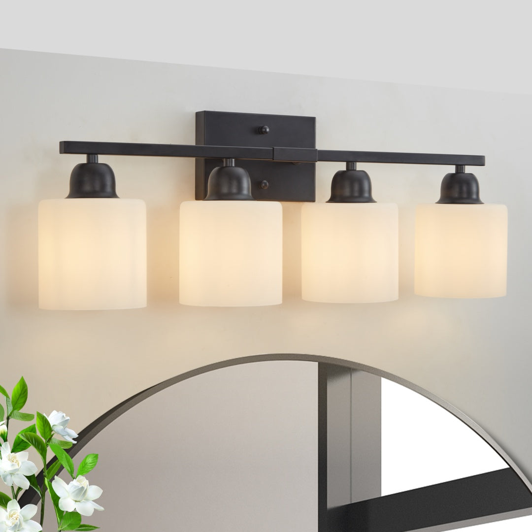 4-Light Modern Black Bathroom Vanity Light Fixture - Frosted Glass Shades