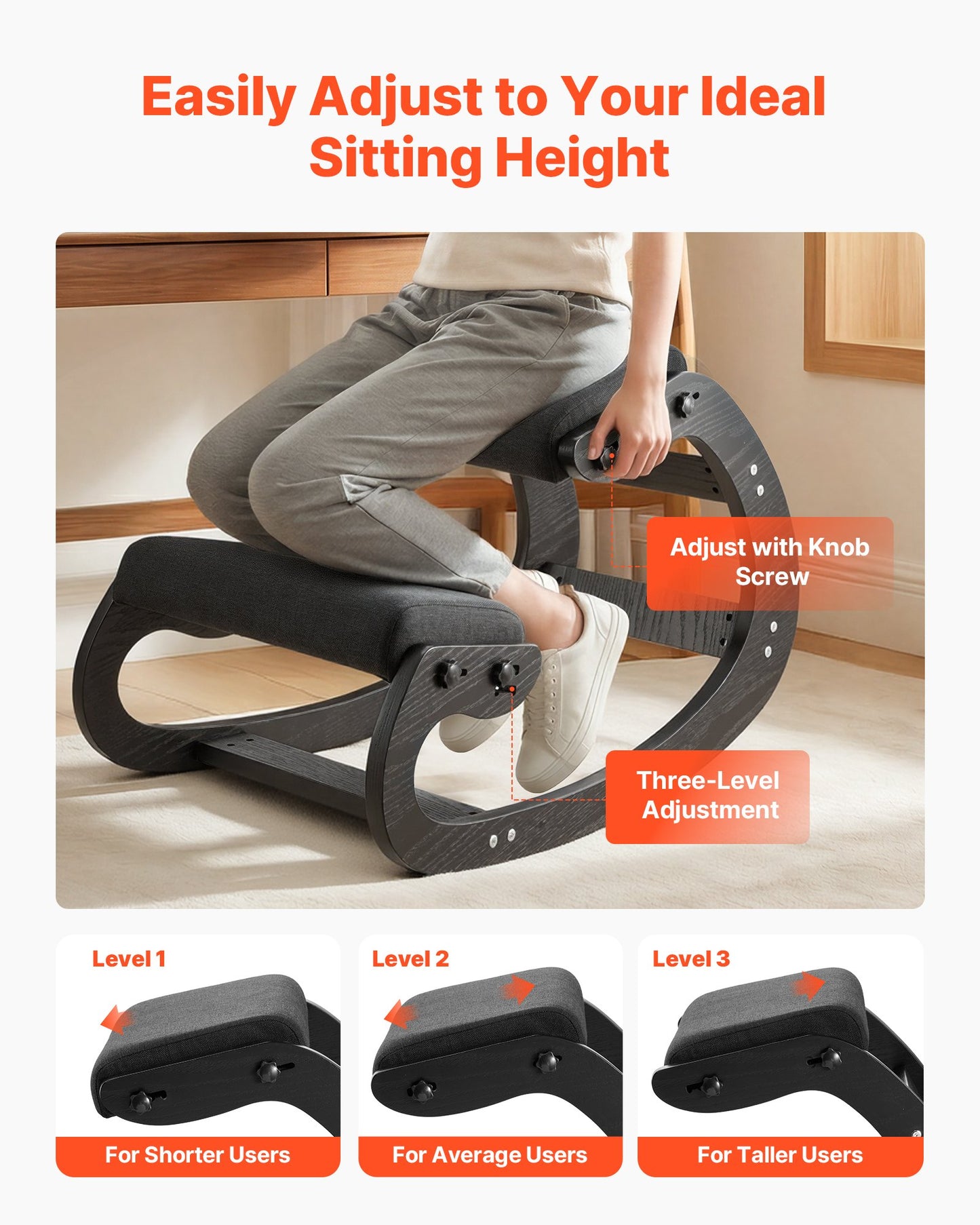 Ergonomic Kneeling Chair with Adjustable Foam Cushions and Wooden Frame - Black