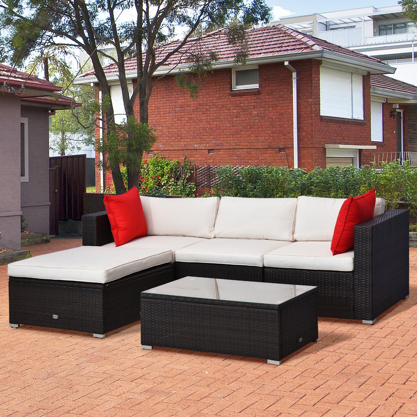 5-Piece Outdoor Sectional Sofa Set with Cushions & Coffee Table - Brown/Cream White
