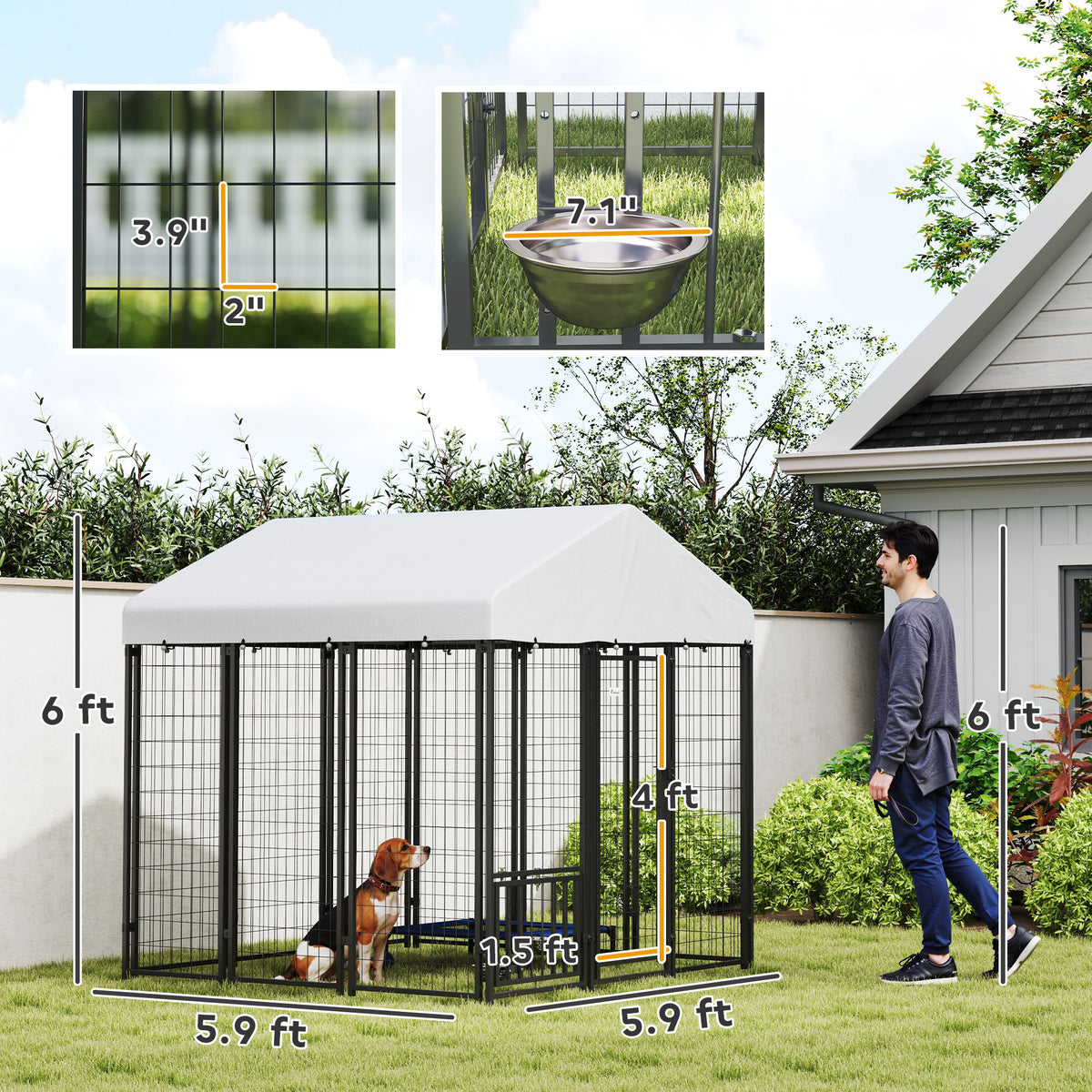 Outdoor Dog Kennel with Roof, 4-Level Adjustable Bowls & Rotating Feeder