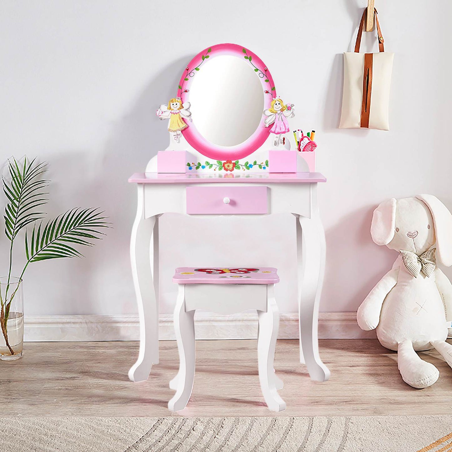 Kids Vanity Set Floral Printed Wooden Makeup Dressing Princess Table