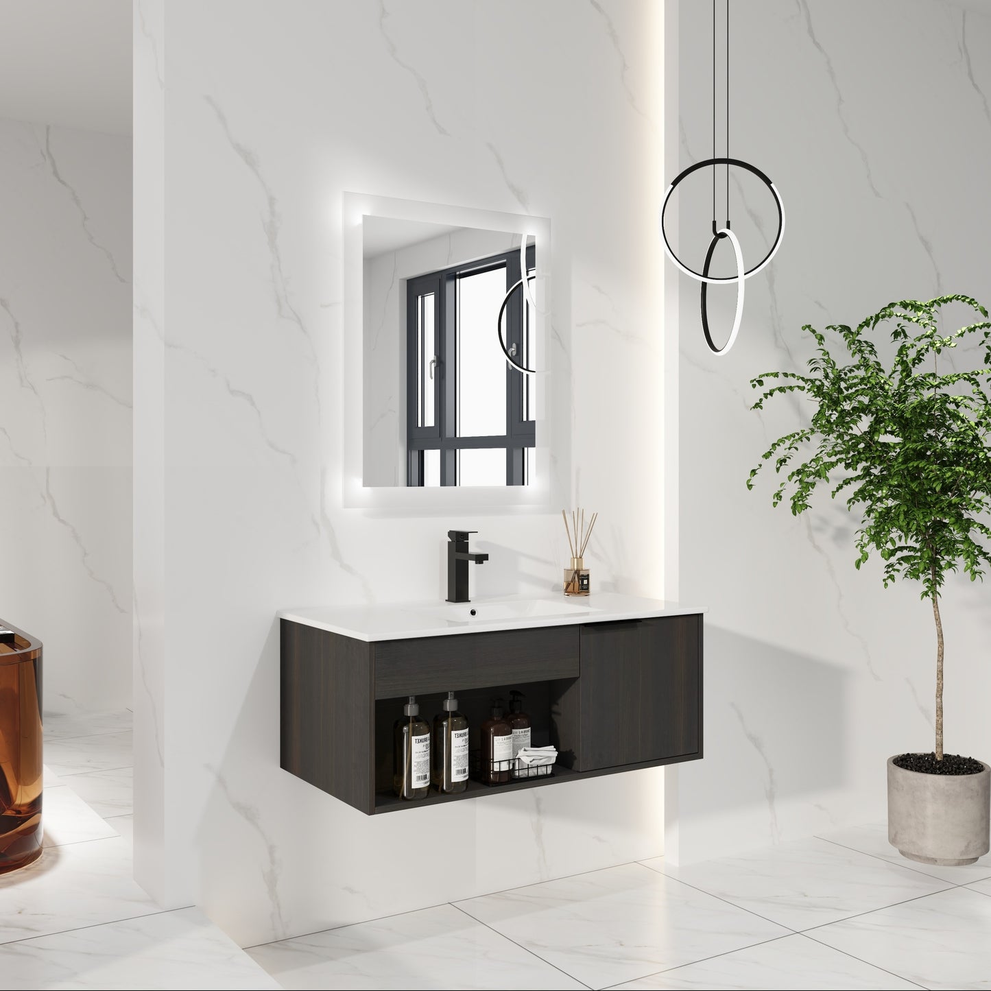 36" Wall-Mounted Bathroom Vanity with Ceramic Sink - Dark Oak