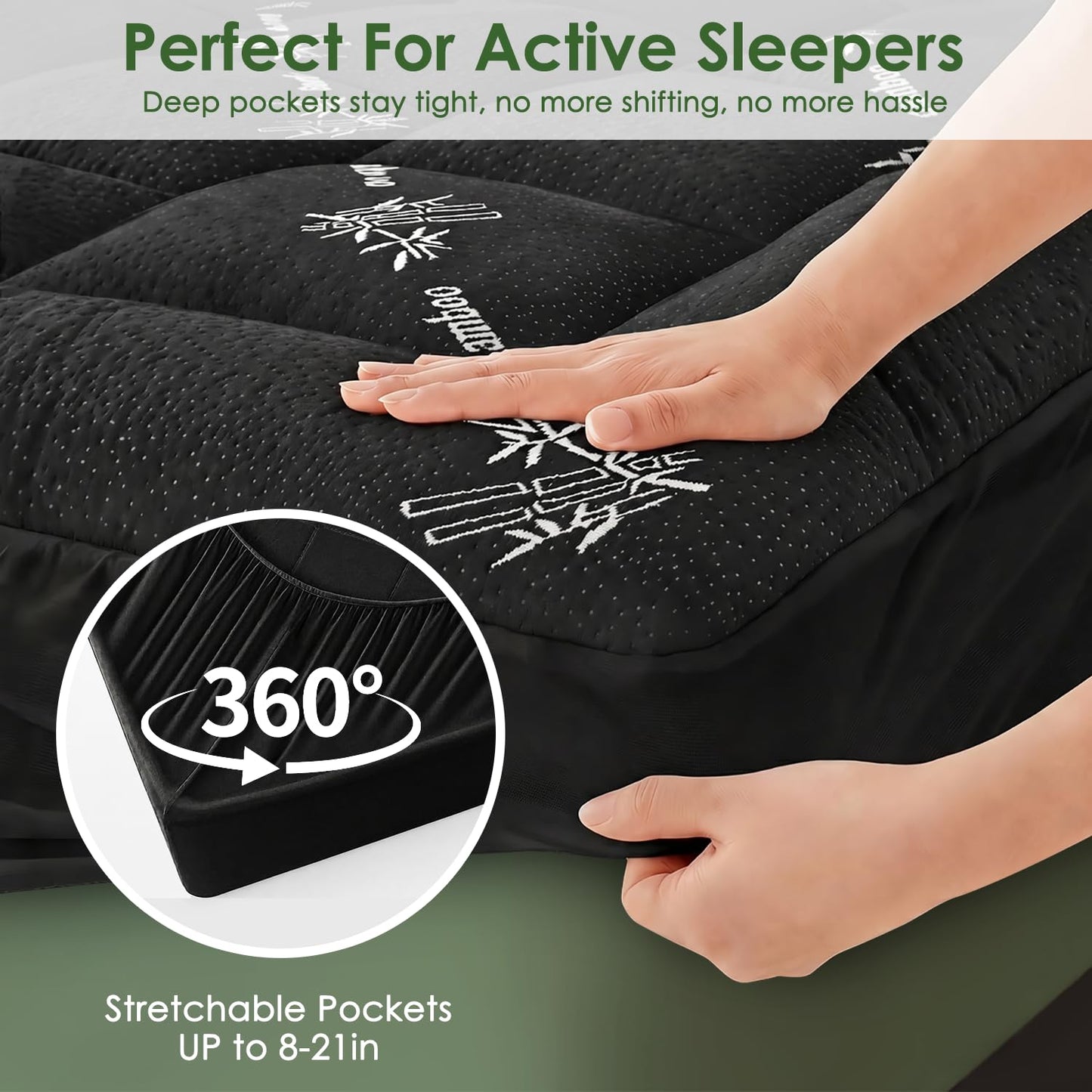 Cooling Bamboo Mattress Topper - Soft Pillow Top & Deep Pocket