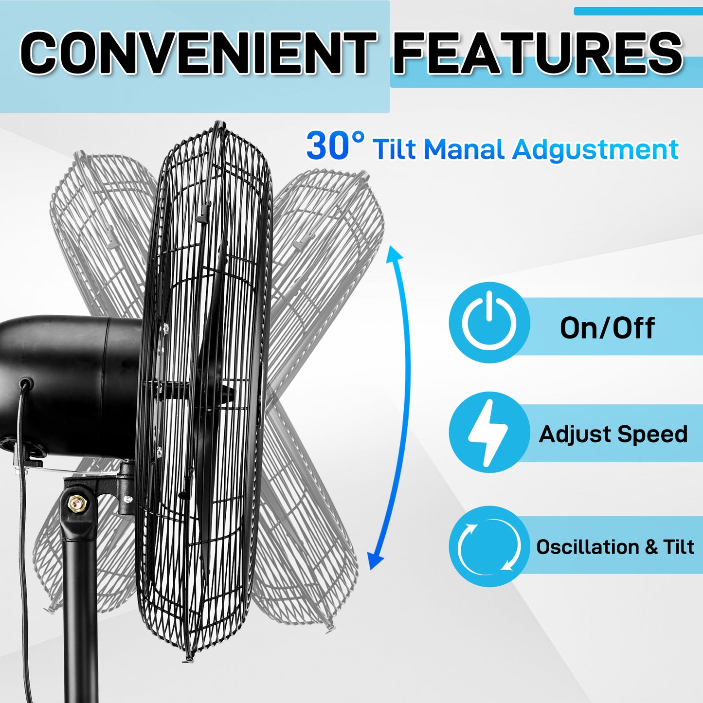 20 Inch Oscillating Pedestal Floor Fan with Copper Motor, 4-Speed Adjustable Height