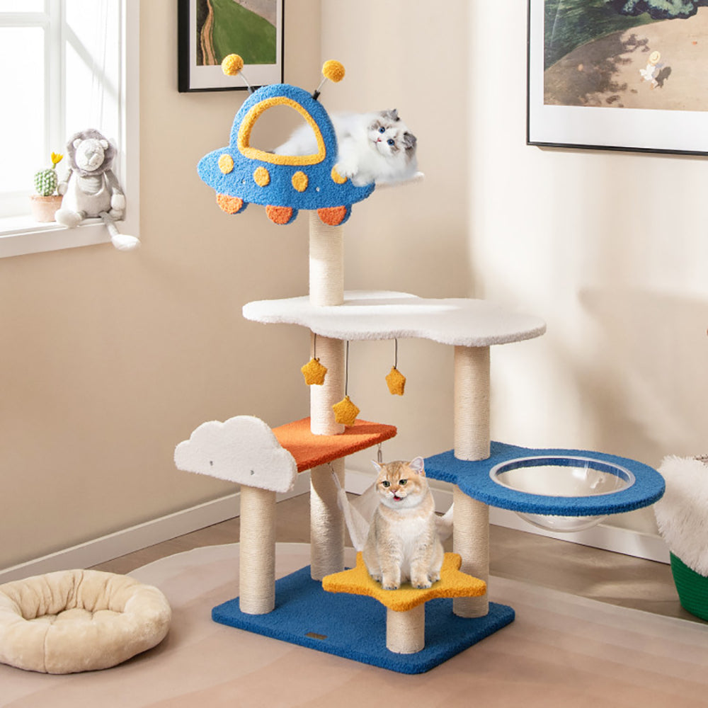 Tall Cat Tree with UFO Top Perch, Space Capsule & Sisal Posts - Blue