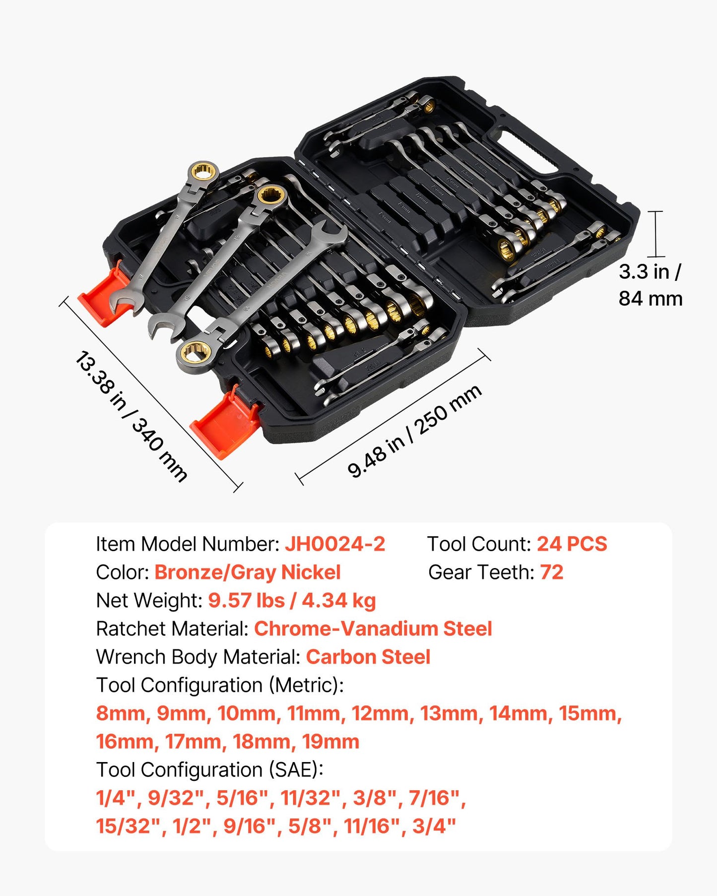 24-Piece Ratcheting Wrench Set with Flex Head, SAE & Metric, Cr-V Steel, Storage Case