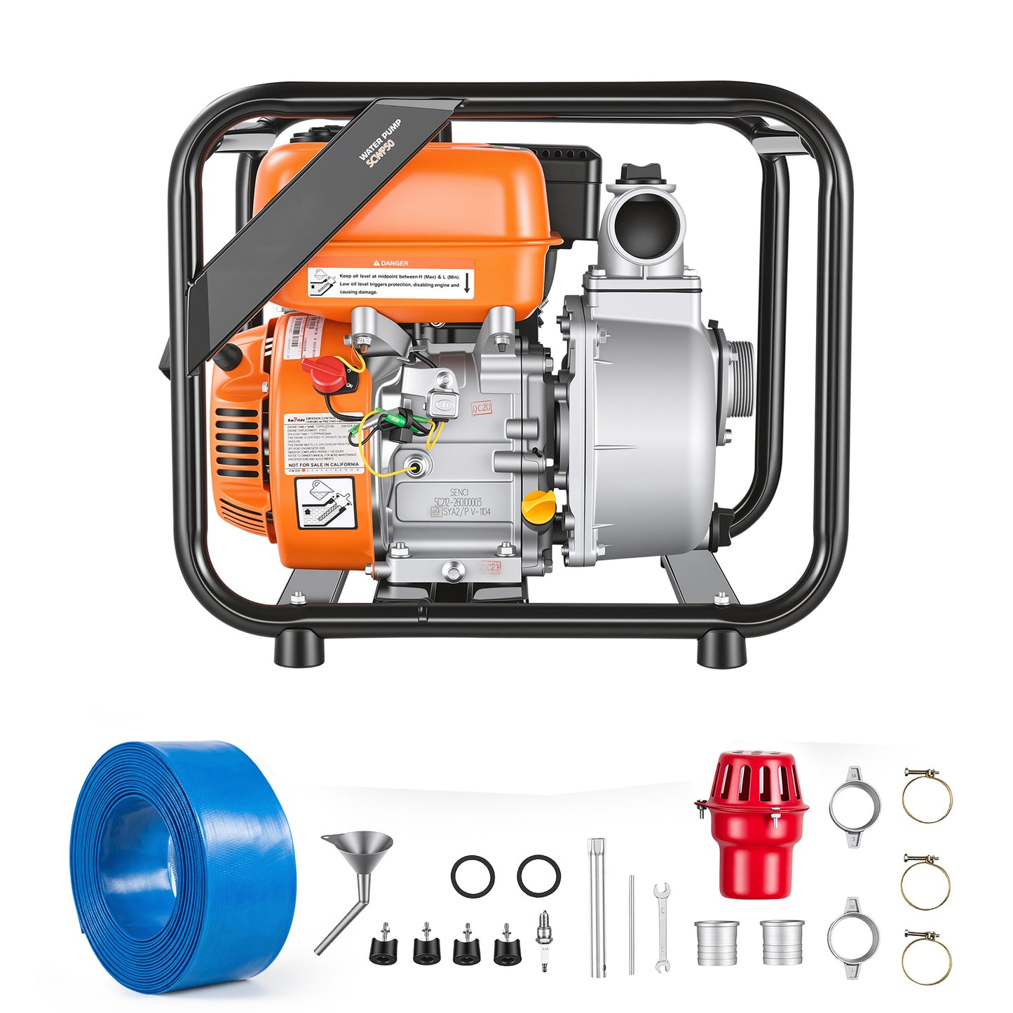 Gas Powered Water Pump 2 Inch 132 GPM 7HP Semi Trash Transfer Pump Portable