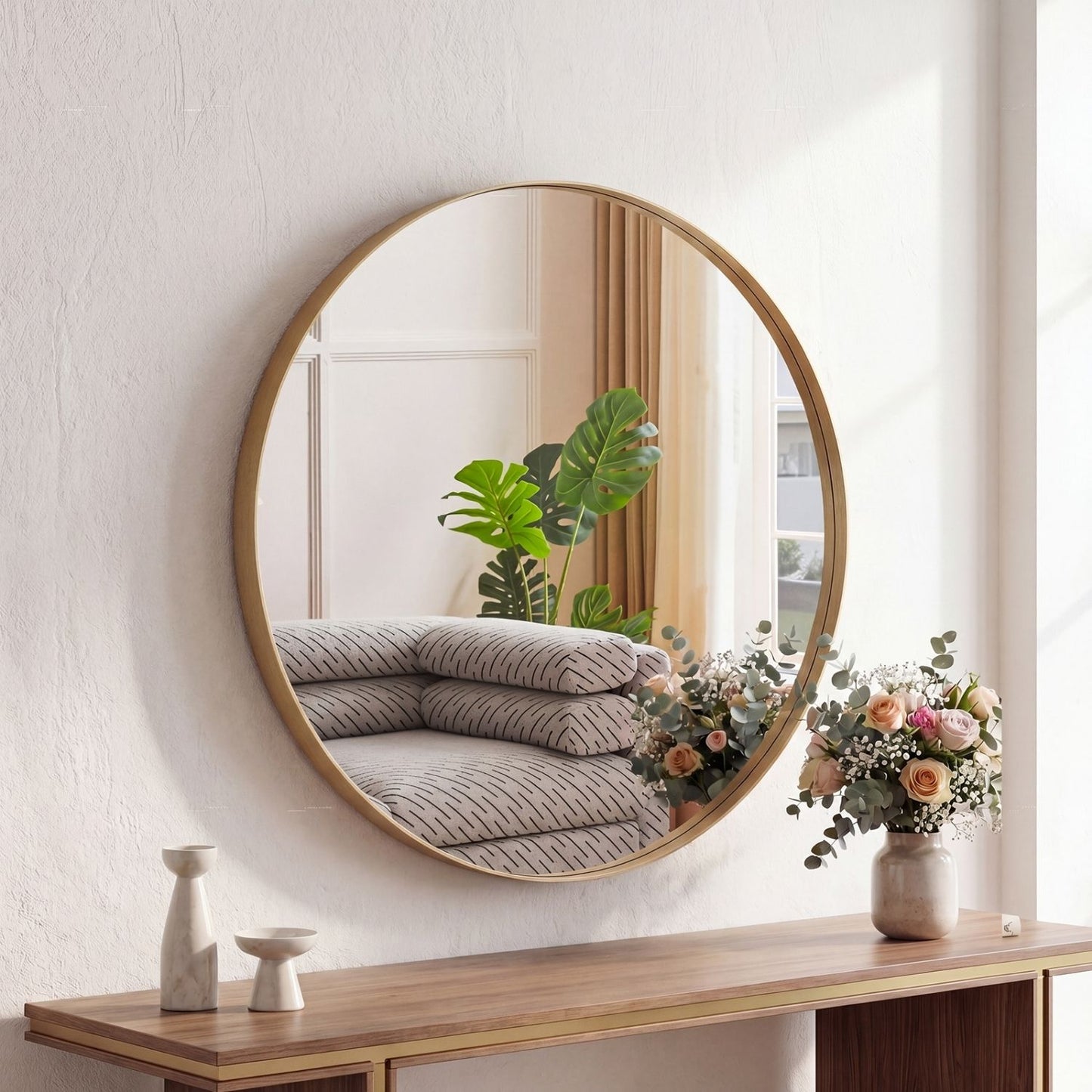 Round Wall Mirror With Metal Frame, Bathroom