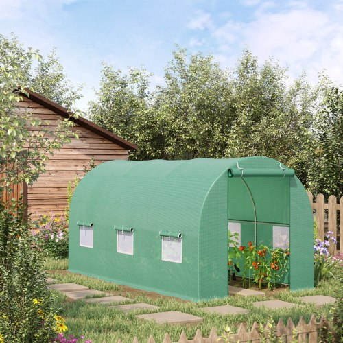 Walk-In Greenhouse 15x6x7 ft with Steel Frame, Ventilation & Door - Garden Plant House