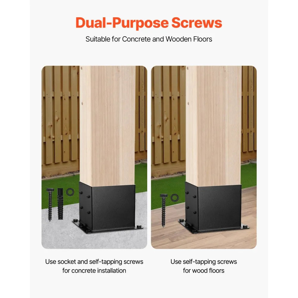 Heavy Duty Post Base Brackets for Wooden Deck Posts - Black, 4 Pack