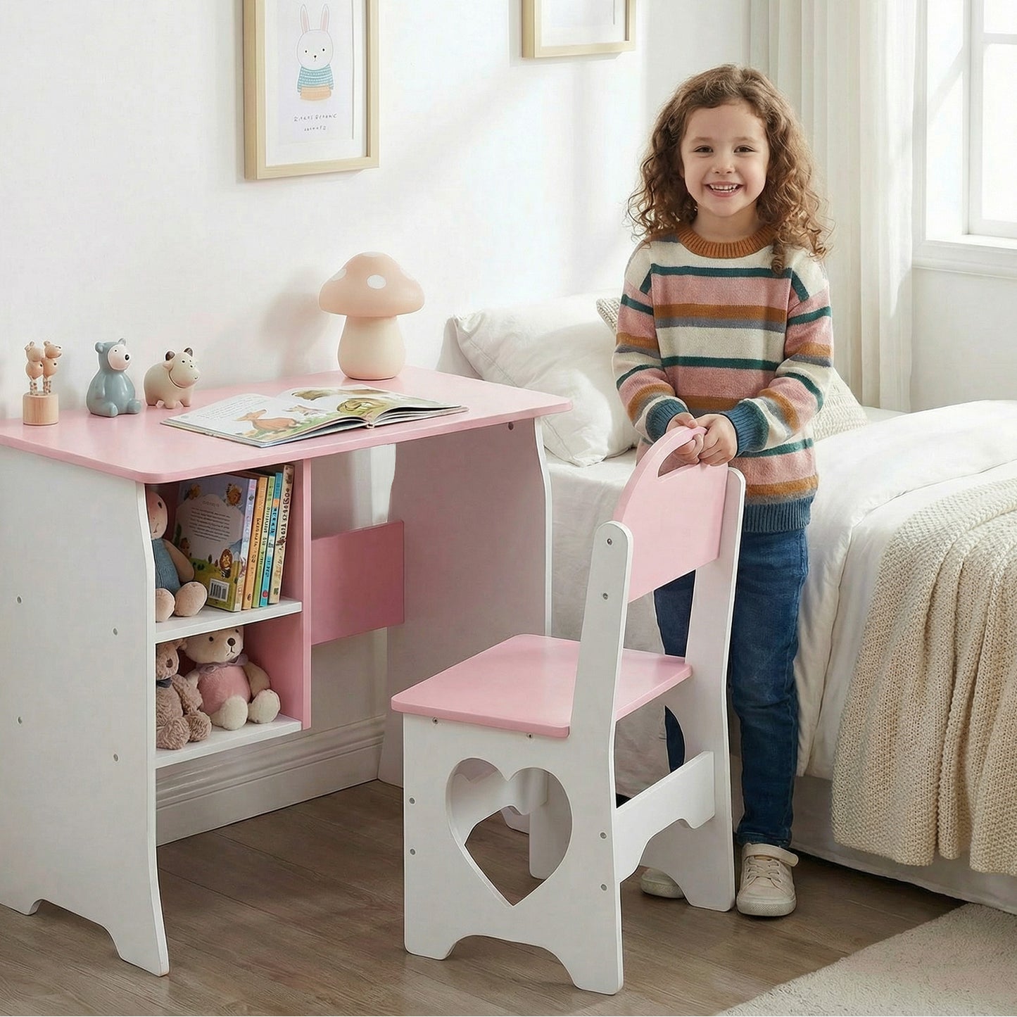 Kids Desk And Chair Set Children Study With Storage Shelf Wooden