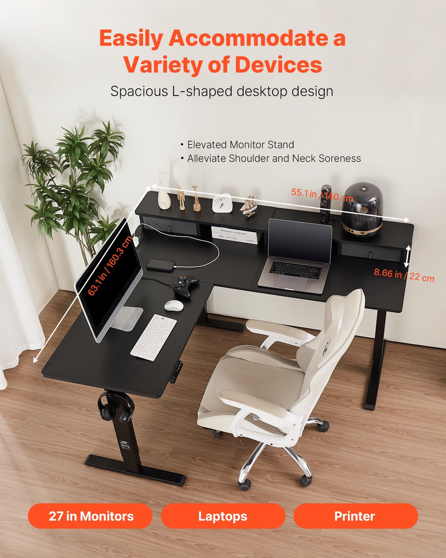 Electric Adjustable L-Shaped Gaming Desk with Light Strip - Black
