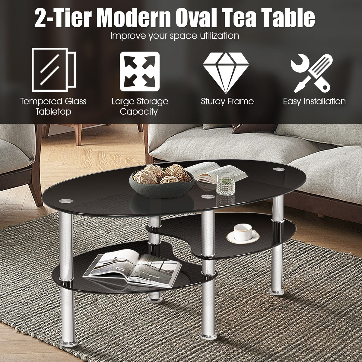 Oval Tempered Glass Coffee Table with 2 Shelves - Black